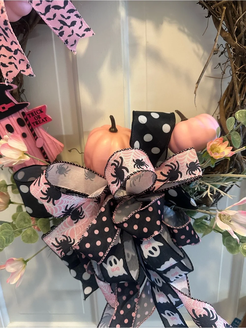 Pink Ghost & Pumpkin Halloween Wreath